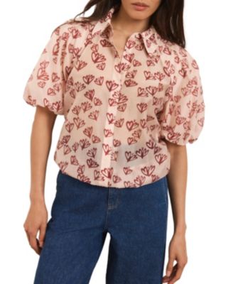  Women's Heart Print Puff Sleeve Shirt