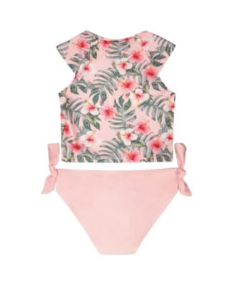 Girls' Two-Piece Short Sleeve Top Hibiscus Swimsuit - Little Kid