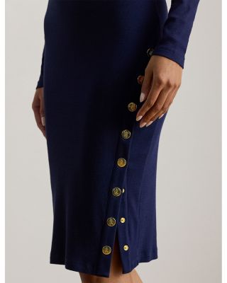 Button Trim Ribbed Cotton Blend Dress