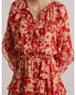 Print Ruffle Trim Georgette Tiered Dress