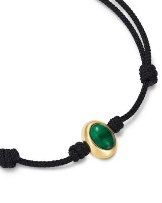 14K Yellow Gold Malachite Oval Cabochon Eye of the Idol Black Cord Bracelet