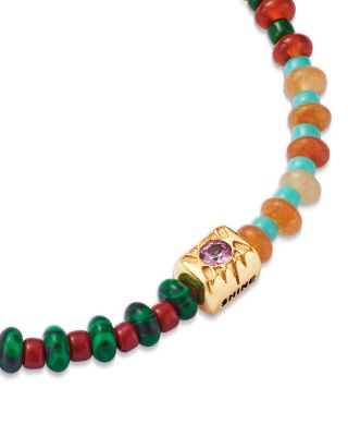 14K Yellow Gold Pink Sapphire Ingot Multicolor Glass & Agate Bead Bracelet