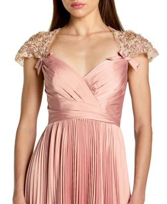 Pleated Charmeuse Embellished Cap Sleeve Gown