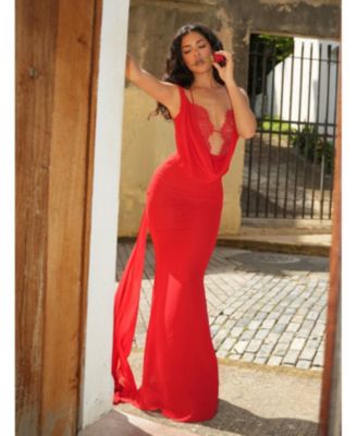  Ulanda Chiffon Lace Backless Maxi Train Dress