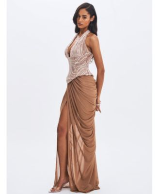  Nancie Beaded Halter Peplum Pleated Maxi Dress