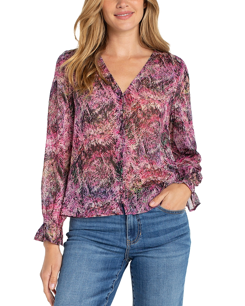 Liverpool Los Angeles Long Sleeve Button Front Woven Top with Smocking · S