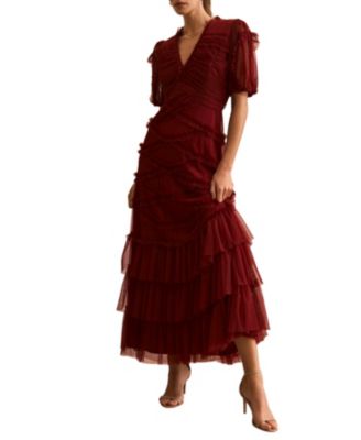  Women's Short Sleeve Tulle Ruffle Maxi Dress