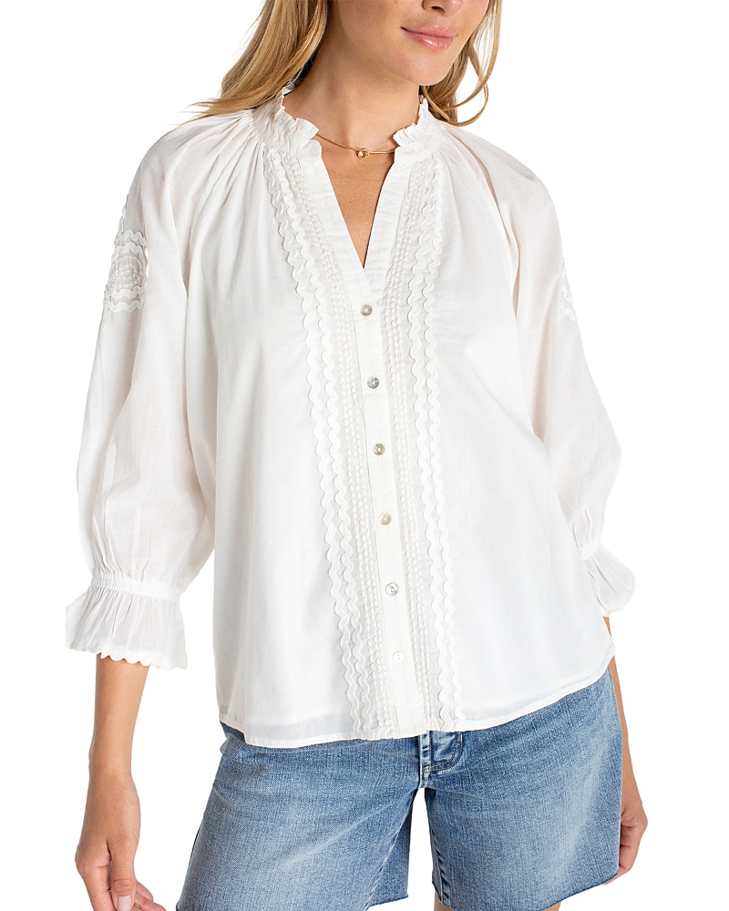Liverpool Los Angeles Three Quarter Sleeve Button Front Woven Top with Embroidery