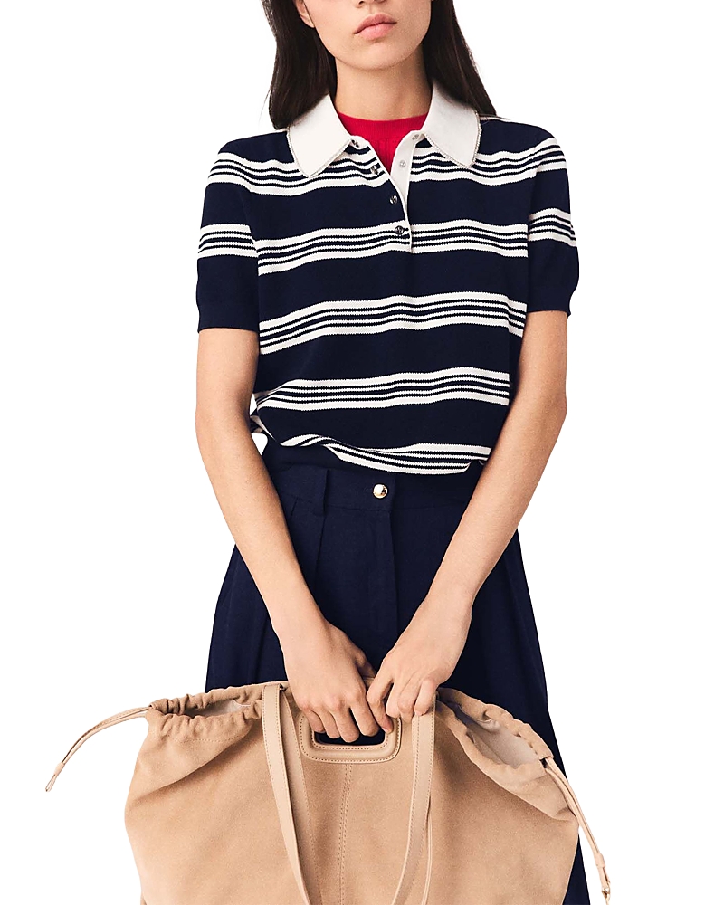 Maje Striped Rhinestone Collar Polo