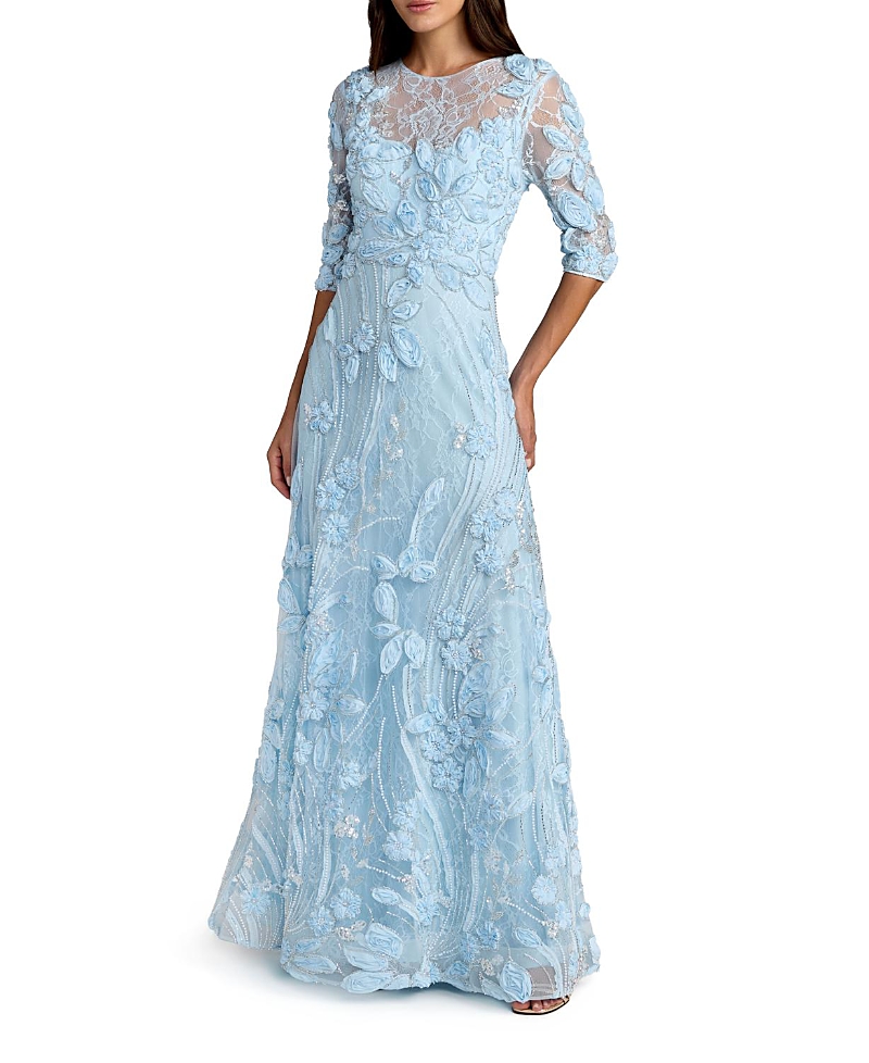 Mac Duggal 3/4 Sleeve High Neck Embroidered A Line Gown In Blue