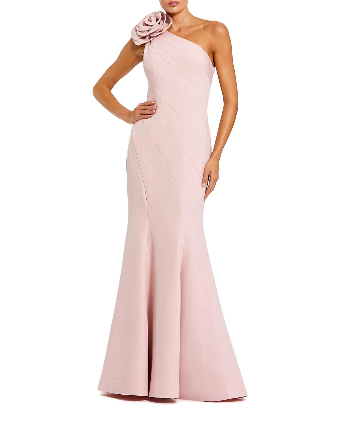 Mac Duggal Crepe One Shoulder Mermaid Gown with 3D Flower