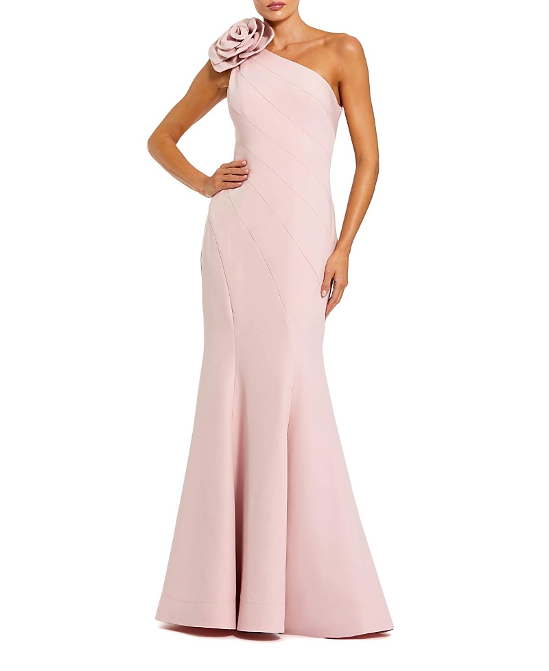 Mac Duggal Crepe One Shoulder Mermaid Gown with 3D Flower