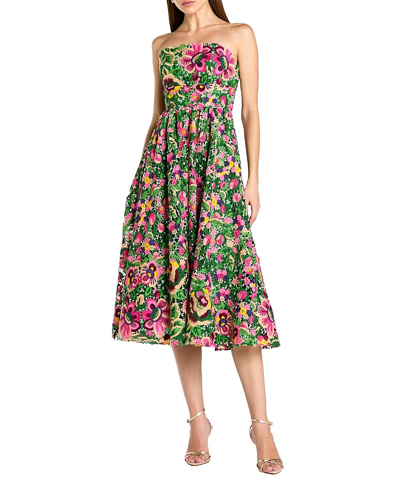 Mac Duggal Strapless Floral Embroidered Midi Dress