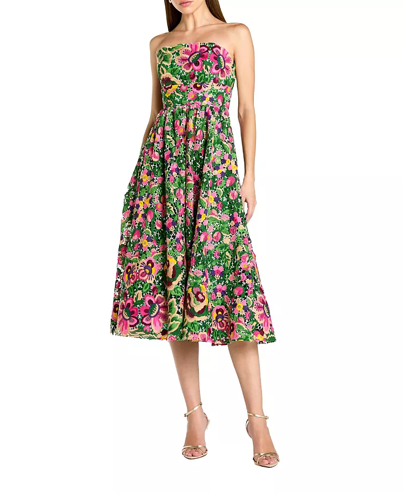 Mac Duggal Strapless Floral Embroidered Midi Dress