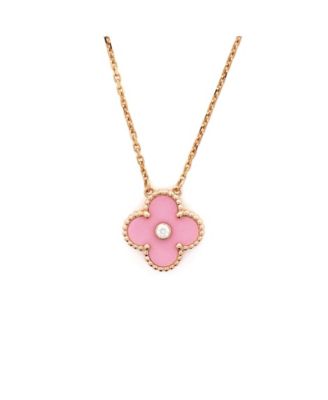  Vintage Alhambra Pendant Necklace 18K Rose Gold and Pink Sevres Porcelain with Diamond, 16.5"