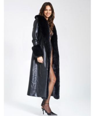  Zaida Faux Fur Trim Faux Leather Coat