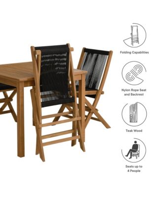 Vienna Outdoor Patio Teak Wood Dining Set with Rope Folding Chairs, Set of 5