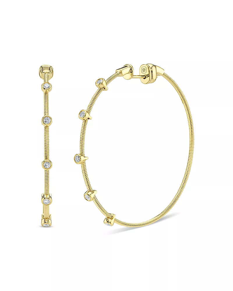 Shy Creation 14K Yellow Gold Diamond Bezel Ridge Hoop Earrings