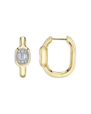 14K Yellow Gold Diamond Baguette & Round Cluster Hoop Earrings