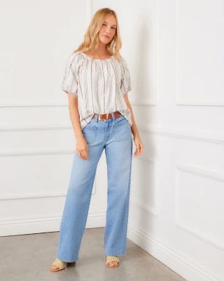 Stripe Puff Sleeve Embroidered Peasant Top