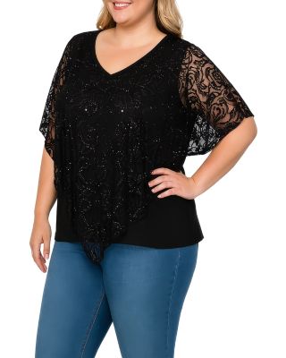 Plus Size Embroidered Sequinned Lace Poncho Top