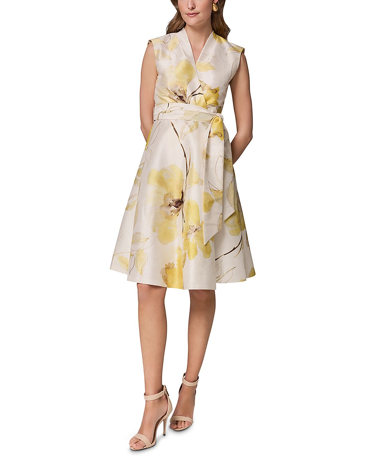 Donna Karan Sleeveless V Neck Jacquard Faux Wrap A Line Dress
