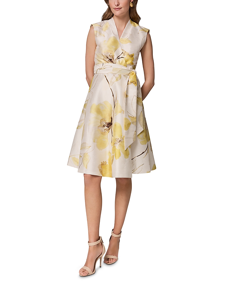 Donna Karan Sleeveless V Neck Jacquard Faux Wrap A Line Dress