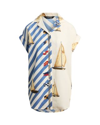 Striped Sailboat Print Crepe Camp Shirt