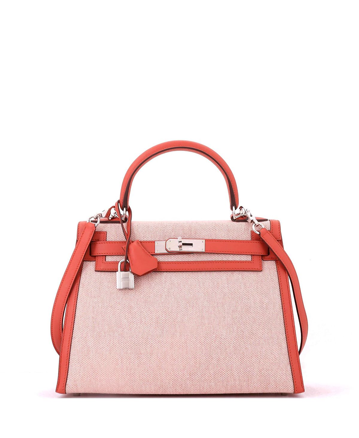 Pre-Owned HERMES Kelly 28 Handbag Toile and Brown Swift with Palladium Hardware