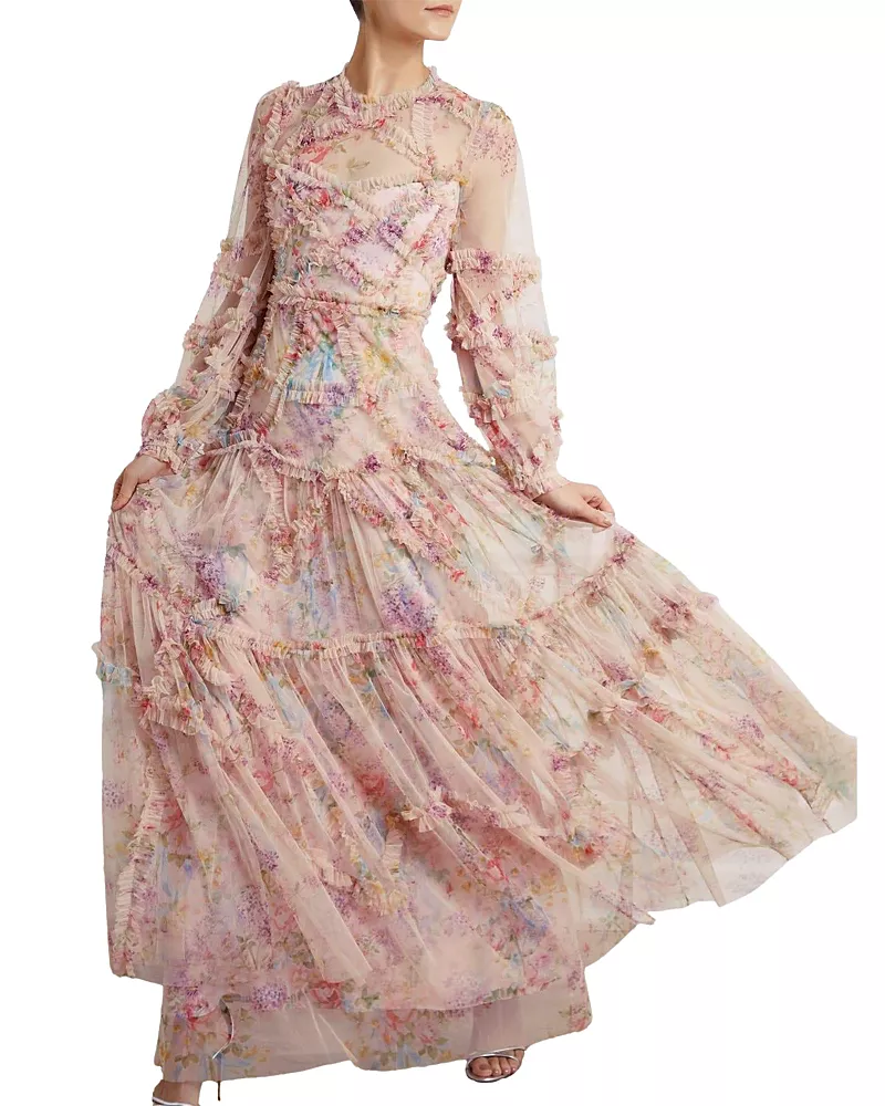 Needle & Thread Floral Diamond Ruffle Gown