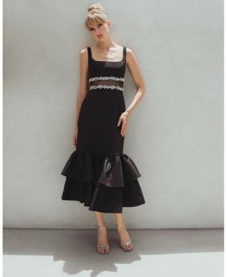 Petite Crepe Midi Dress with Jewel Detail & Ruffle Hem