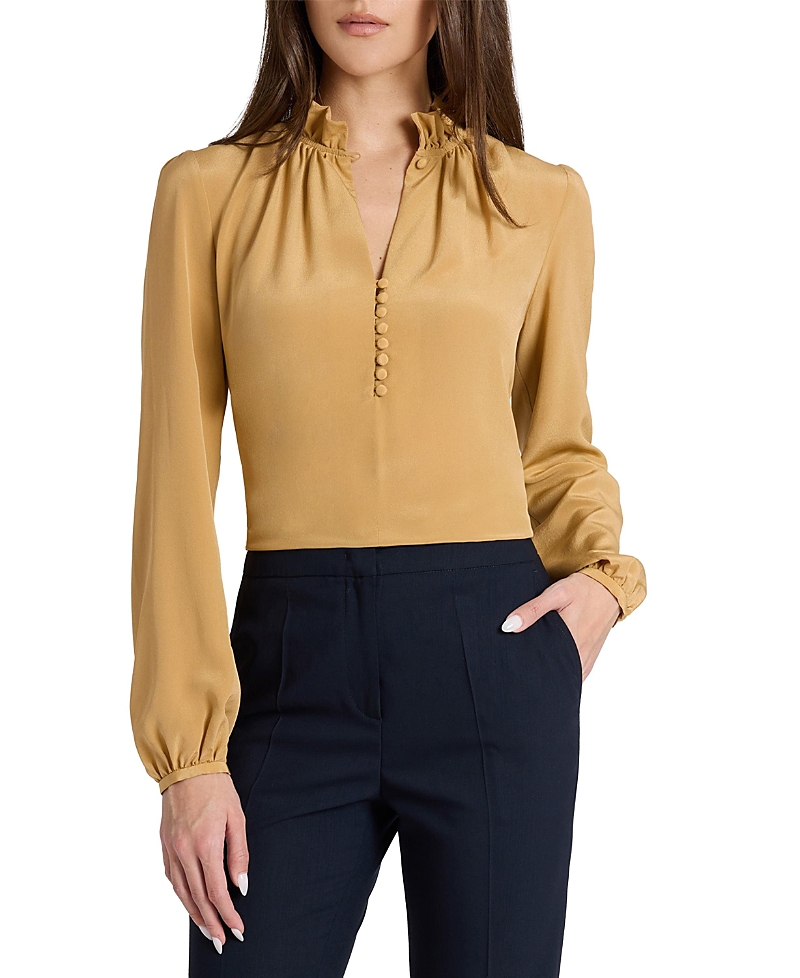Santorelli Astrid Long Sleeve Silk Ruffle-Neck Top