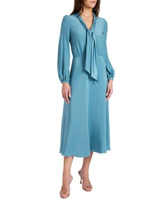  Jenn Long Sleeve Silk Midi Tie-Neck Dress