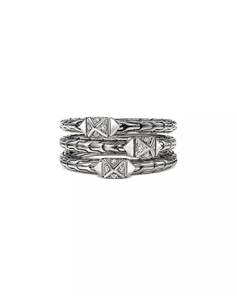 John Hardy Sterling Silver Icon Diamond Pyramid Triple Row Stack Look Ring