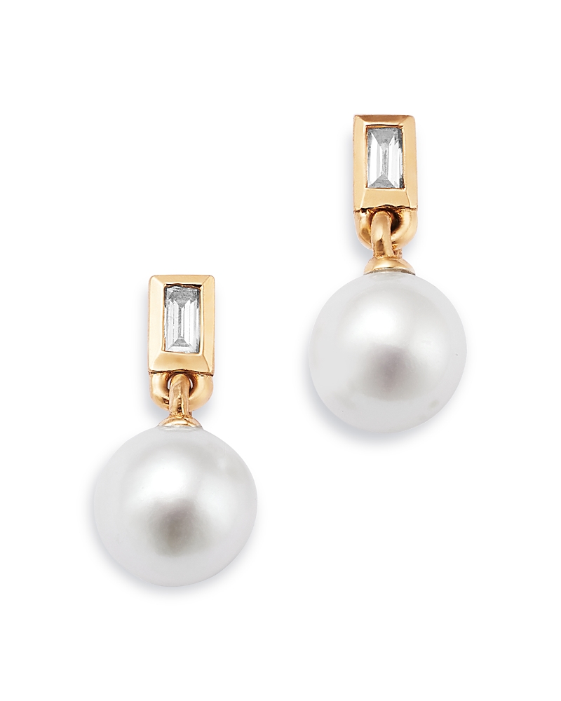 Bloomingdale's Fine Collection Spring Pearl Freshwater Pearl & Diamond Baguette Drop Earrings in 14K Yellow Gold