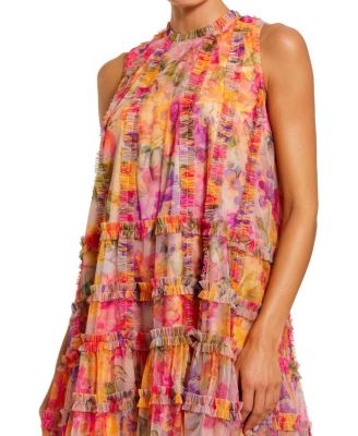  Sleeveless High Neck Printed Mesh Mini Dress