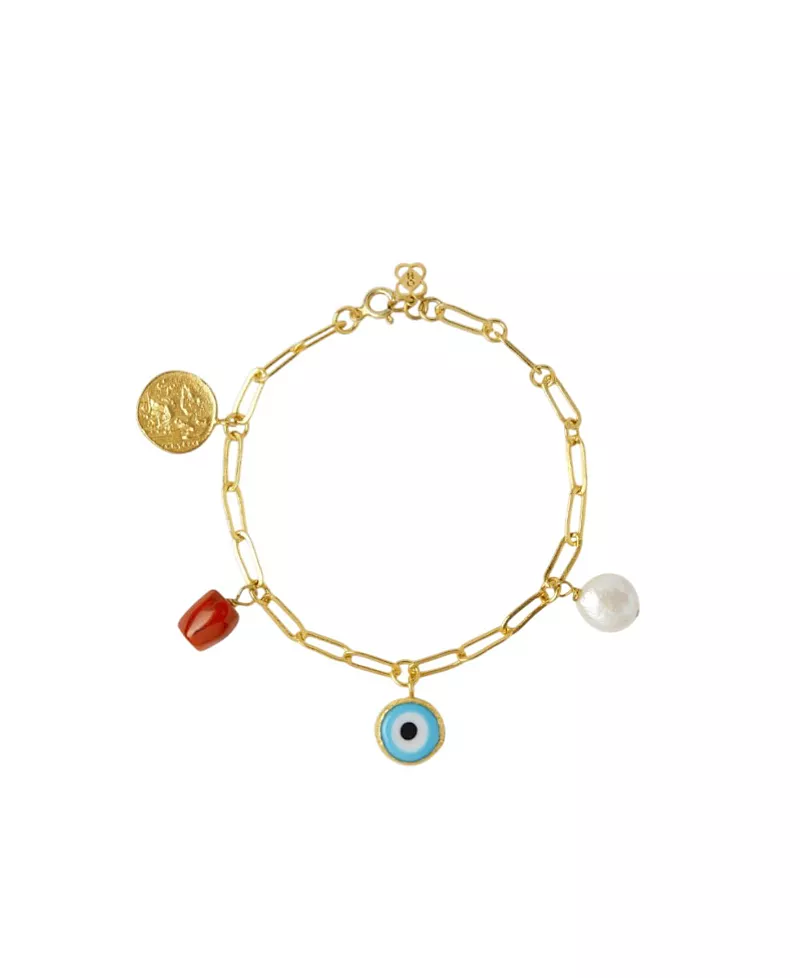 Ottoman Hands Cornicello Evil Eye and Pearl Charm Bracelet