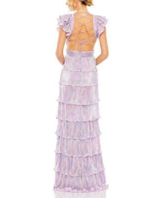  Ruffle Tiered Criss Cross Lace Up Gown