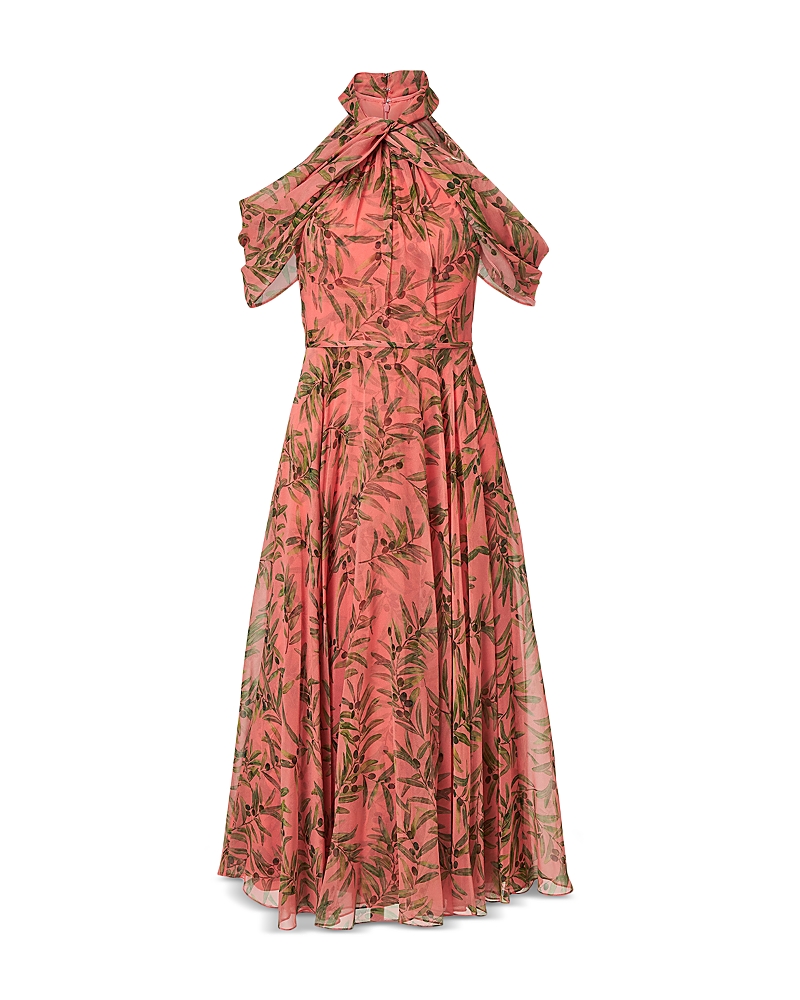 Carolina Herrera Silk Halter Neck Draped Off Shoulder Midi Dress
