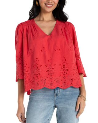 Three Quarter Sleeve V Neck Eyelet Woven Top