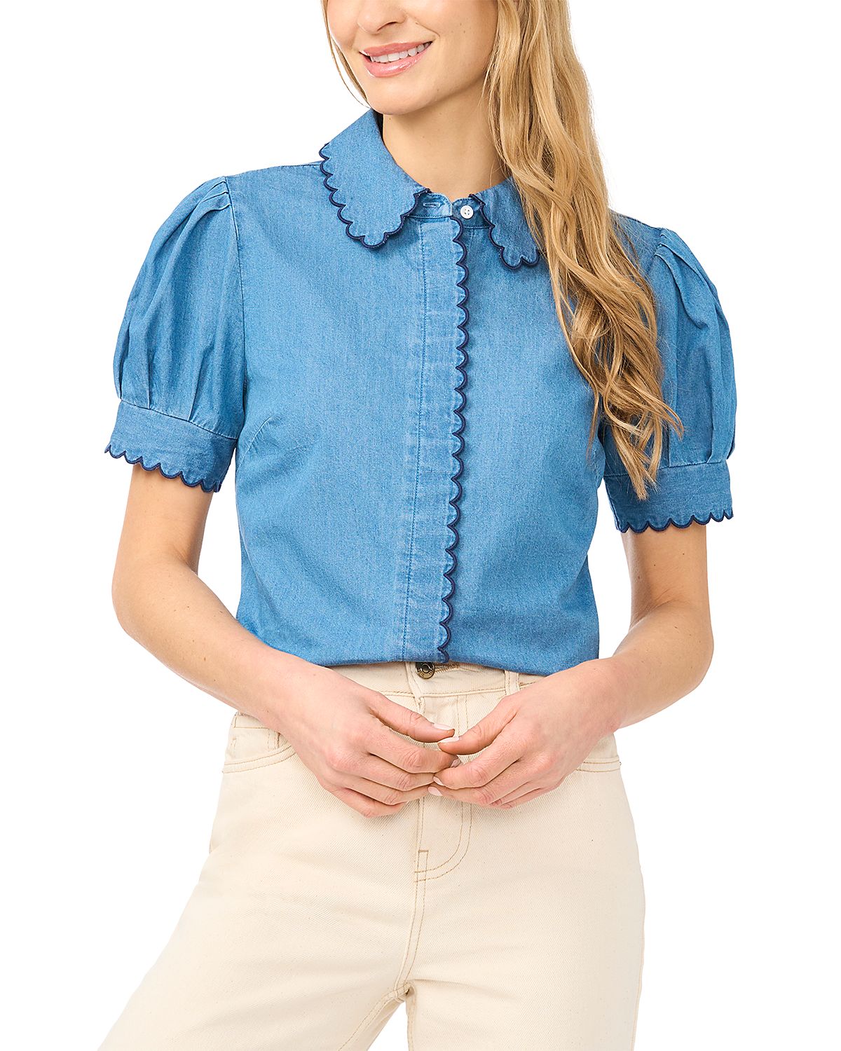 CeCe Scallop Trim Button Up Top