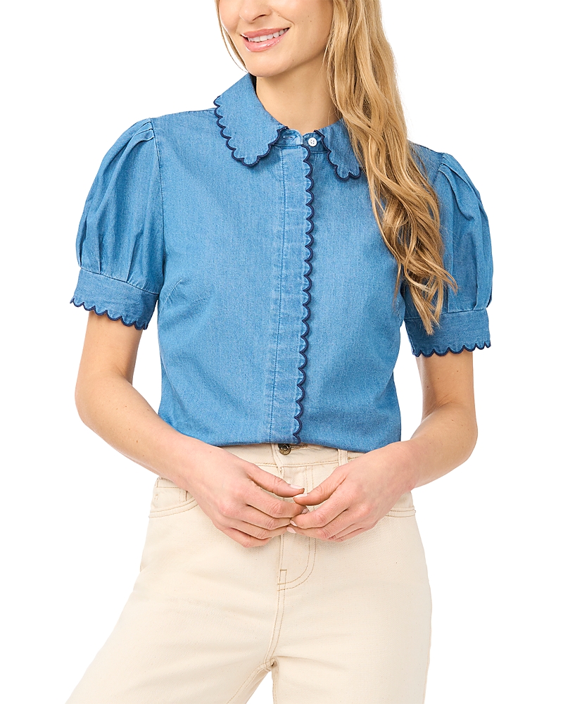 CeCe Scallop Trim Button Up Top