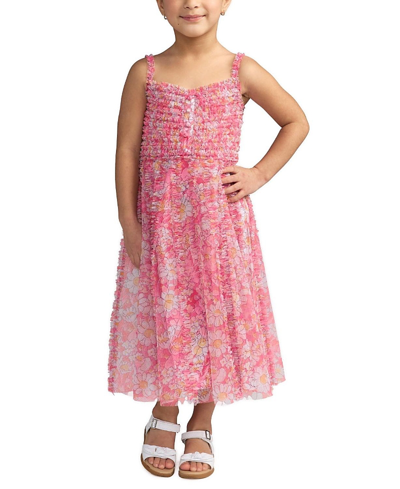 Mac Duggal Girls' Mesh V-Neck Floral Print Mini Dress - Little Kid, Big Kid