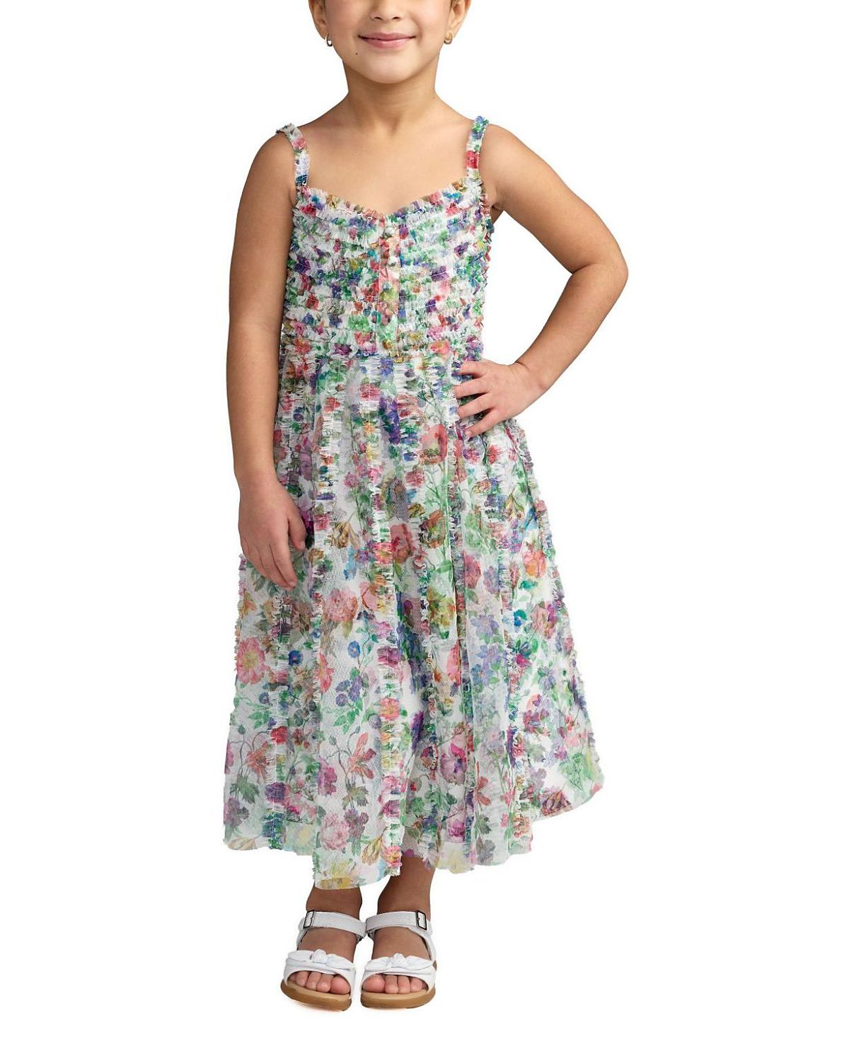 Mac Duggal Girls' Mesh V-Neck Floral Print Mini Dress - Little Kid, Big Kid