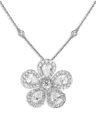 18K White Gold Classic Flower Diamond Pear & Round Pendant Necklace, 16-17"