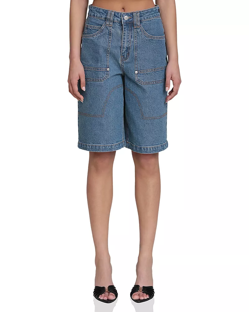 Avec Les Filles Denim Wide Leg Carpenter Cargo Shorts in Basilica Wash