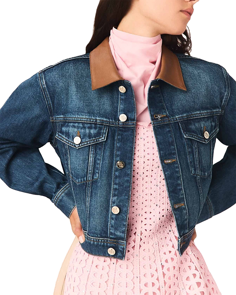 Maje Denim Jacket with Leather Collar