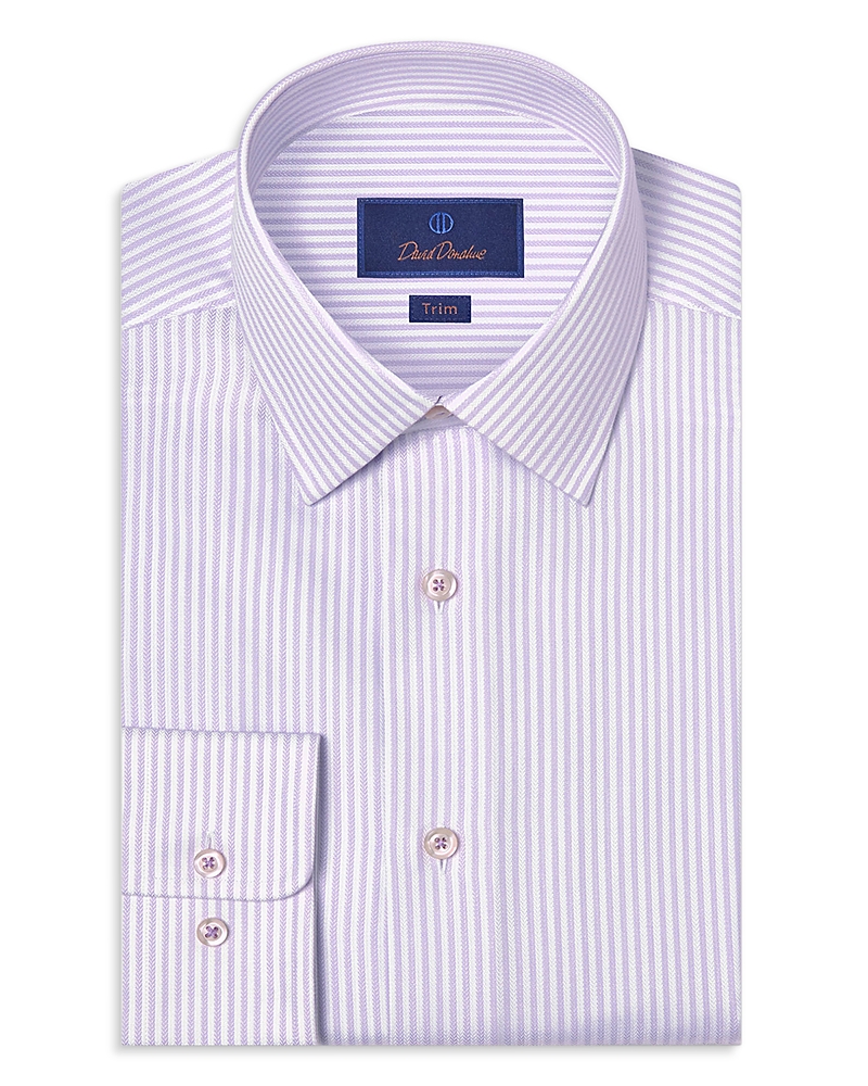 David Donahue Trim Fit Silk Blend Herringbone Stripe Dress Shirt