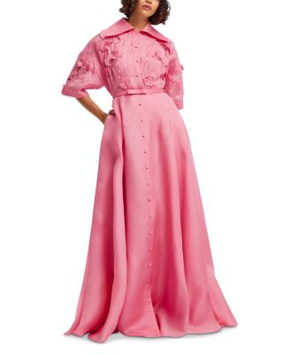 Junia Appliqu&eacute; Puff Sleeve Silk Gown