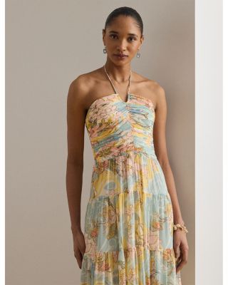 Floral Georgette Tiered Halter Gown